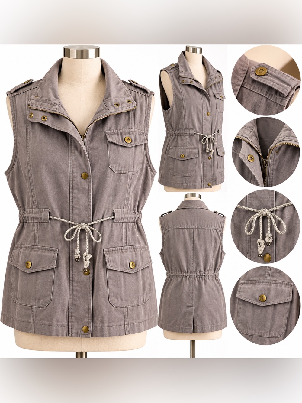 BEYOVE NWT Light Gray Utility Safari Vest Drawstring Waist Cargo Pockets